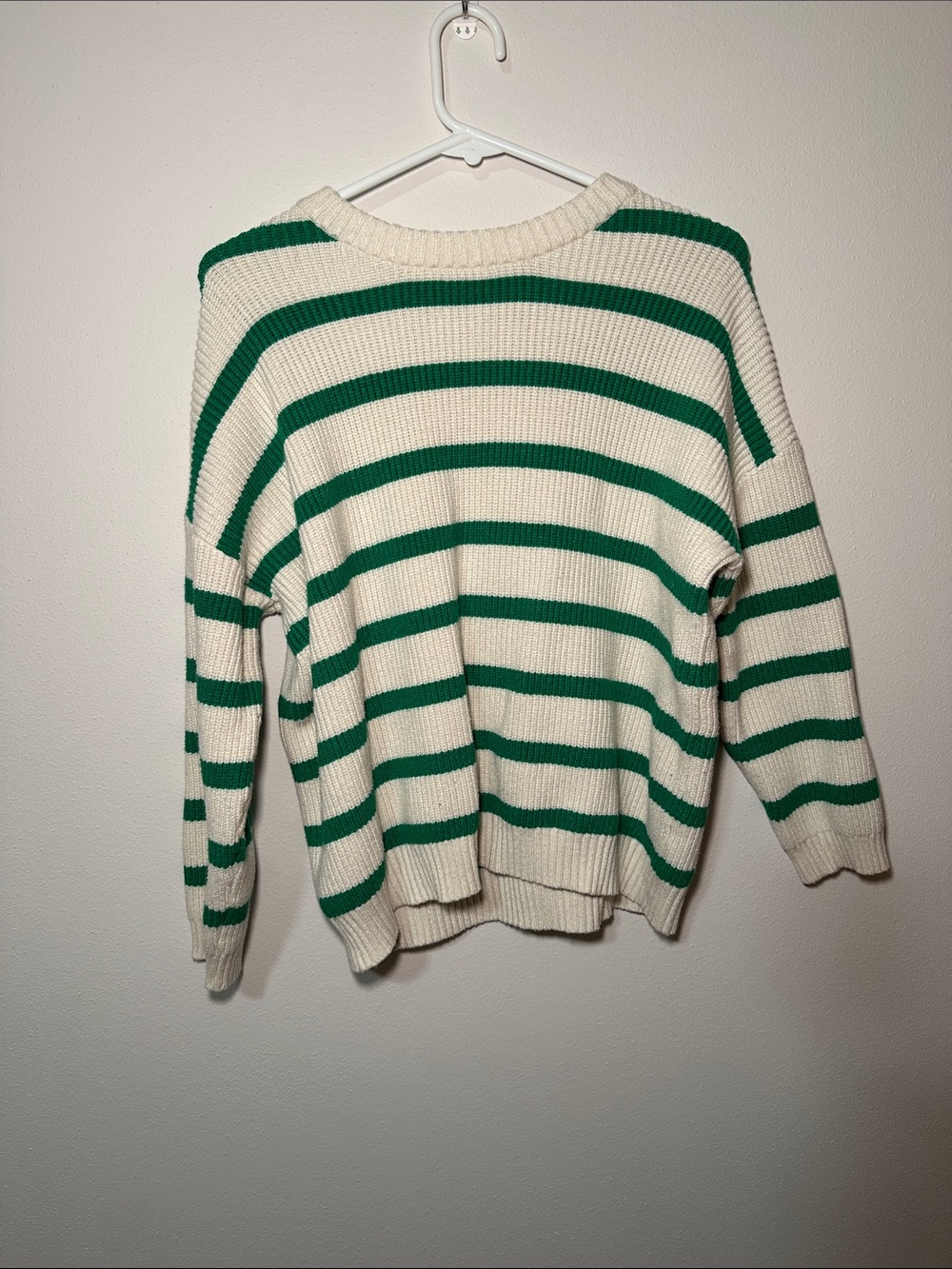 Thick Cream and Green Striped Crewneck Sweater